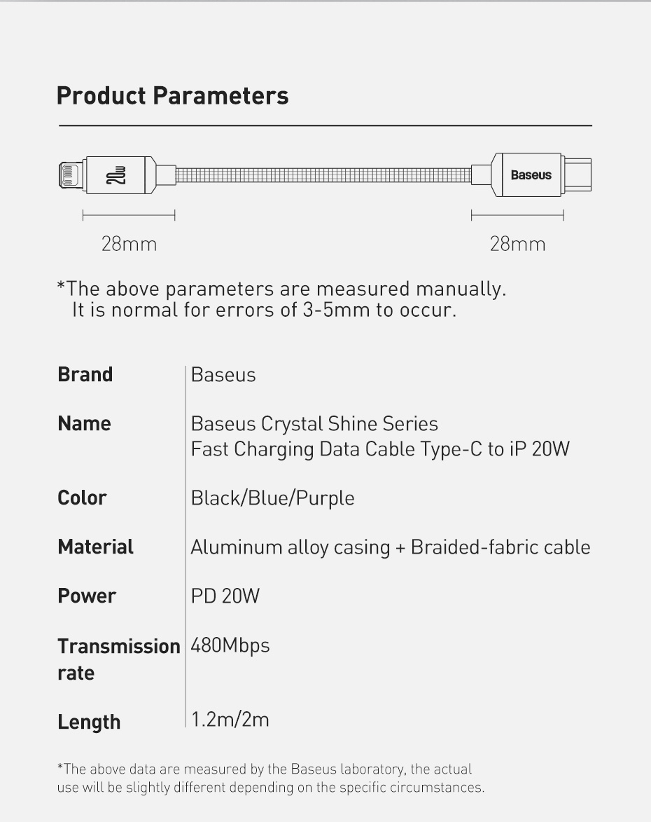 Baseus 20W PD Cable Crystal Shine Series Fast Charging Data Cable Type